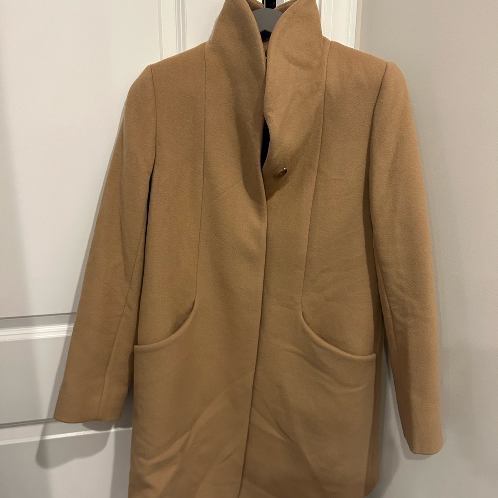 Aritzia Wilfred Cocoon Coat in Tan Mid Length Funnel Neck Wool Blend, Size Small